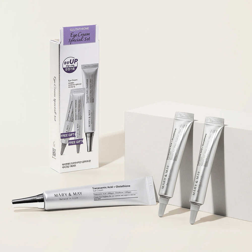 Mary&May Tranexamic Acid + Glutathione Eye Cream Special Set med originalförpackning och extra tuber, ett komplett set för lystergivande och utjämnande ögonvård.