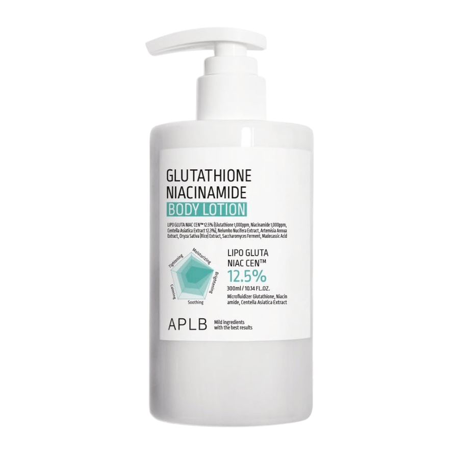 APLB Glutathione Niacinamide Body Lotion produktbild med pumpflaska och avancerad formula för återfuktning, lyster och förbättrad hudelasticitet