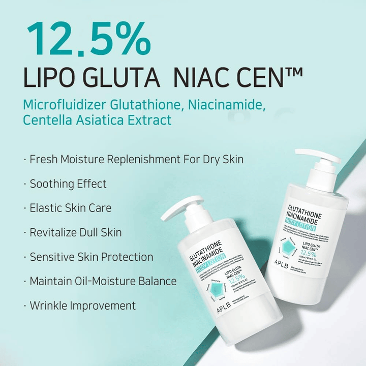 APLB Glutathione Niacinamide Body Lotion 12,5% Lipo Gluta Niac Cent med återfuktning, hudbalans, anti-age effekt och skydd för känslig hud