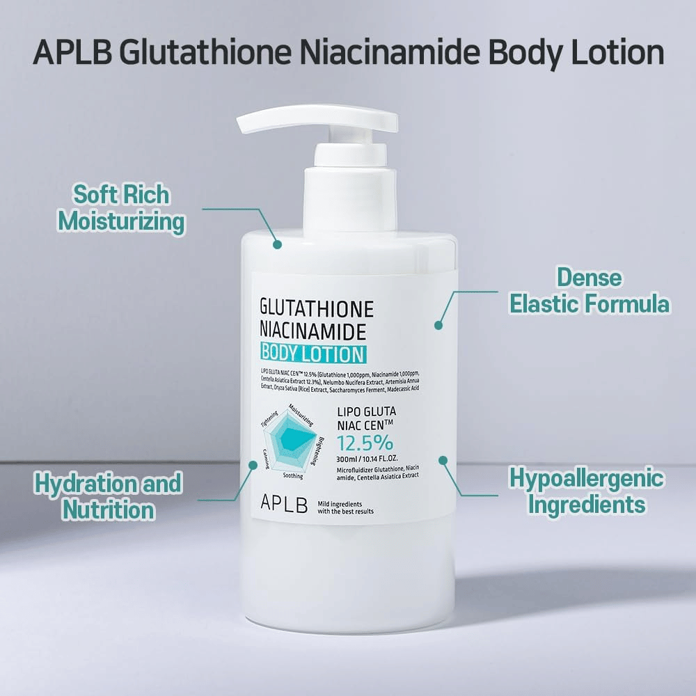 APLB Glutathione Niacinamide Body Lotion pumpflaska med återfuktande, elastisk formula och hypoallergena ingredienser för mjuk och näringsrik hudvård