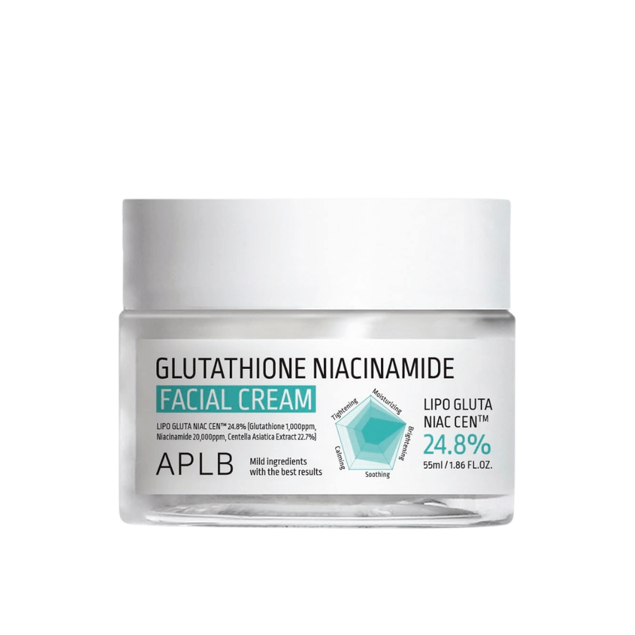APLB Glutathione Niacinamide Facial Cream i burk med lätt formula som återfuktar, jämnar ut hudton och ger ökad lyster