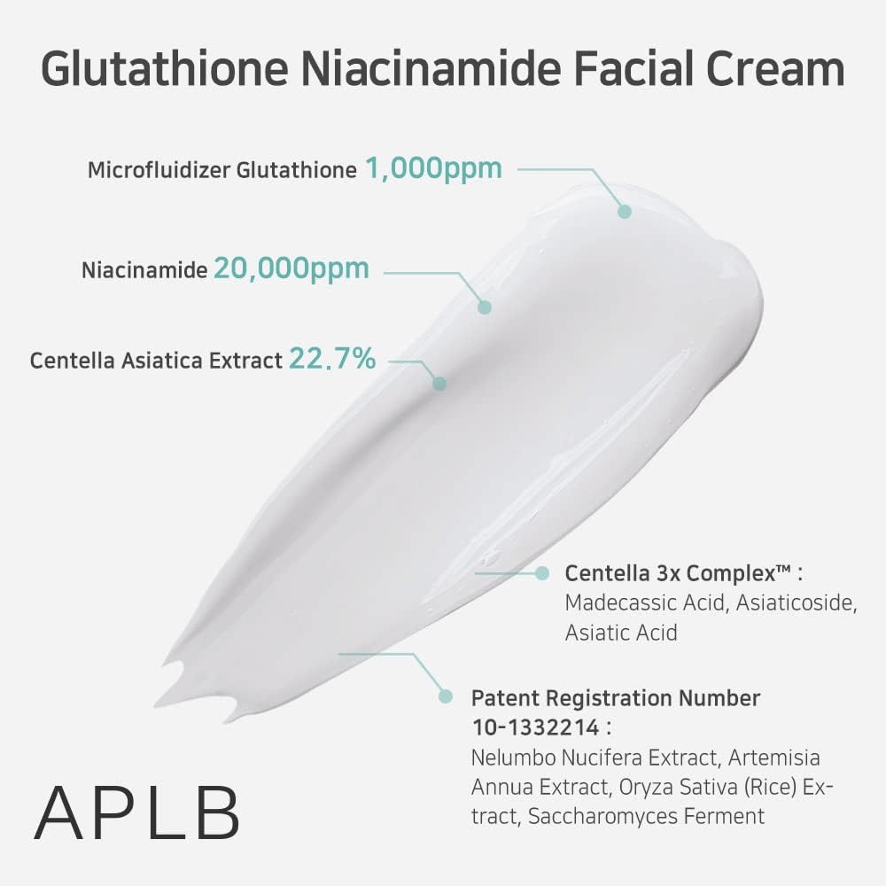 APLB Glutathione Niacinamide Facial Cream med 1000ppm glutathione, 20000ppm niacinamid och 22,7% centella asiatica för återfuktning och lugnande effekt