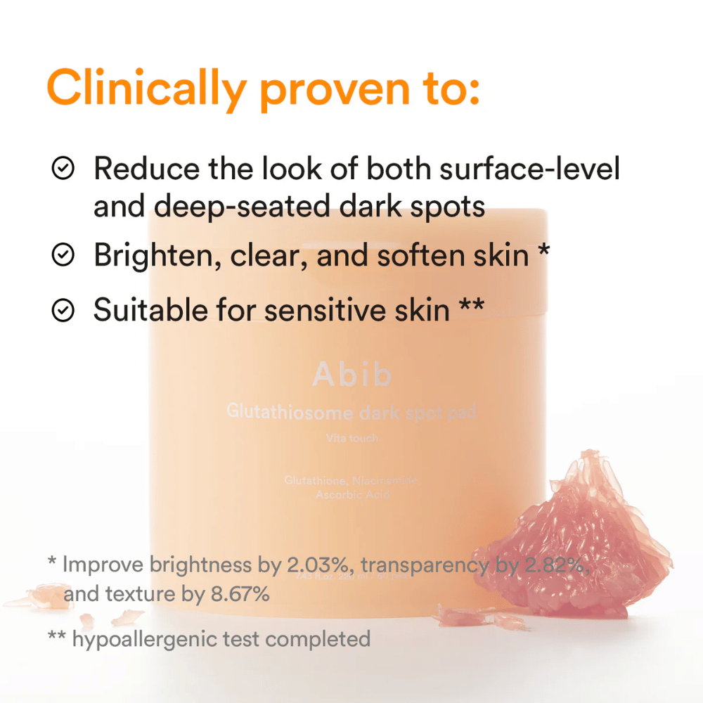 Abib Glutathiosome Dark Spot Pad Vita Touch med kliniskt testade fördelar för lyster och pigmentering.