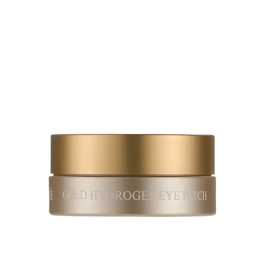 Frilagd produktbild av PETITFEE Gold Hydrogel Eye Patch i elegant guldfärgad burk mot ljus bakgrund. Designen ger ett exklusivt och lyxigt intryck.