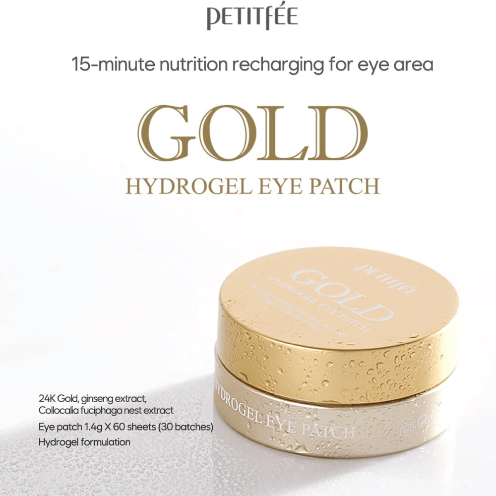 Stilren produktbild av PETITFEE Gold Hydrogel Eye Patch med guldfärgad förpackning på ljus bakgrund. Texten lyfter ingredienser som 24K guld, ginseng och hydrogel-formula för återfuktning och glow.