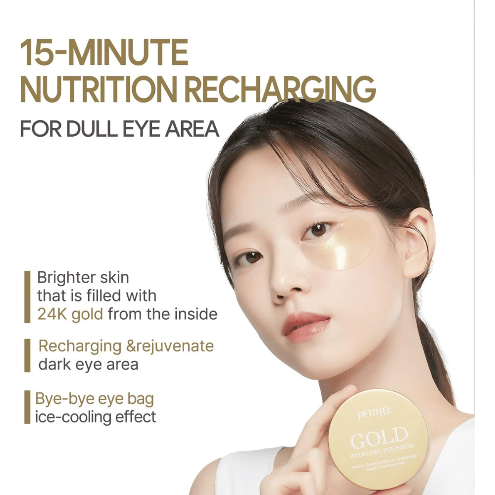Kampanjbild med modell som använder PETITFEE Gold Hydrogel Eye Patch under ögat. Fokus ligger på att ge lyster, återuppliva trött hud och minska synligheten av mörka ringar och svullnad.