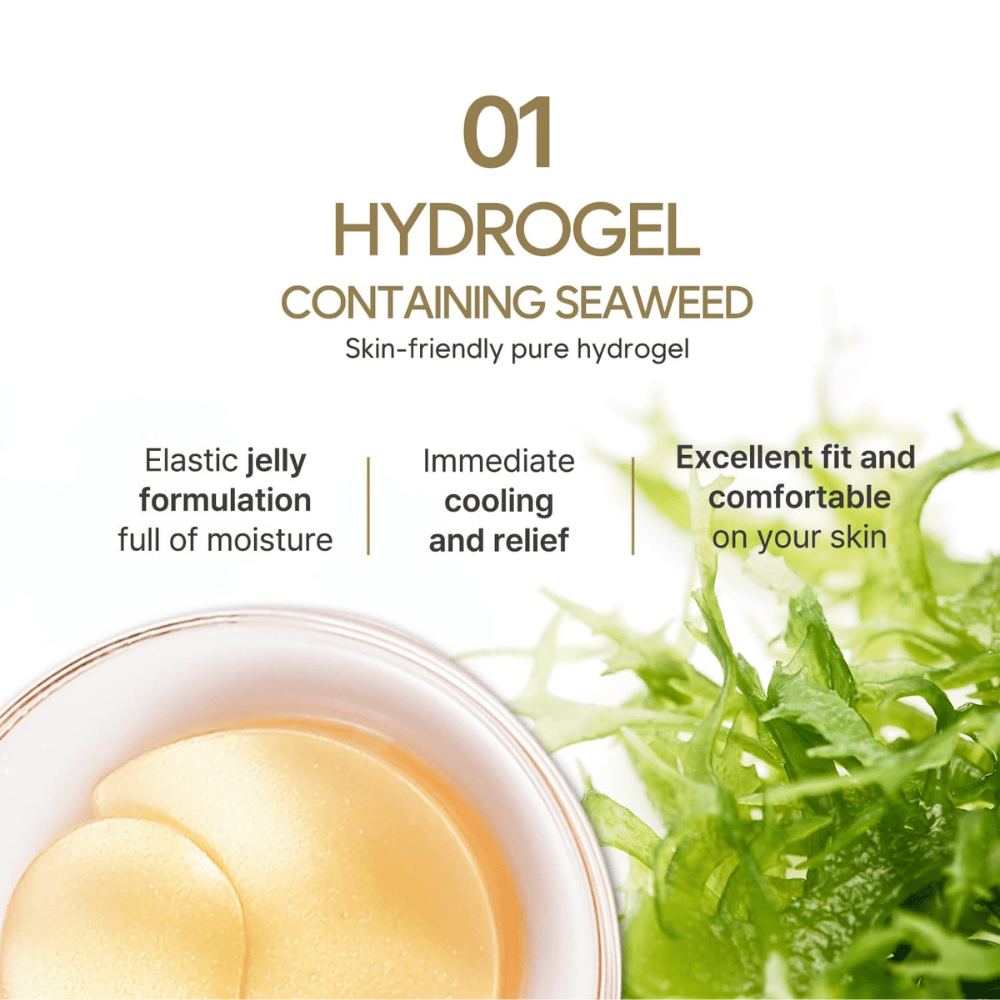 Produktbild som framhäver hydrogel-formulan med sjögräs och dess återfuktande, svalkande och hudvänliga egenskaper. Bilden visar även de gelbaserade eye patchesen i förpackningen.