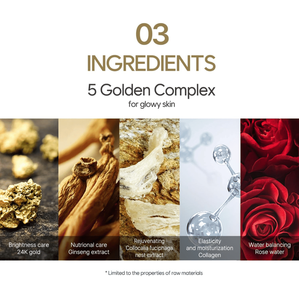 Informationsbild om “5 Golden Complex” med ingredienser som 24K guld, ginsengextrakt, fågelboextrakt, kollagen och rosenvatten. Fokus ligger på lyster, elasticitet och återfuktning.