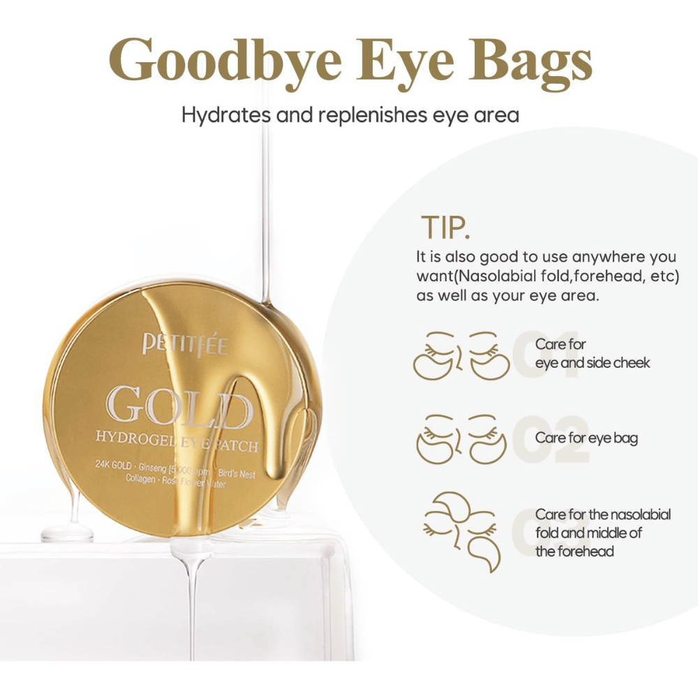 Produktbild av PETITFEE Gold Hydrogel Eye Patch med fokus på att återfukta och vårda området under ögonen. Bilden visar även olika användningsområden som ögonpåsar, kindområde och nasolabiala linjer.
