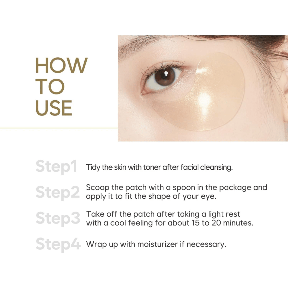 Instruktionsbild som visar hur hydrogel eye patches appliceras under ögonen efter rengöring och toner. Steg-för-steg-guide beskriver användning och rekommenderad verkningstid för återfuktad och fräsch hud.