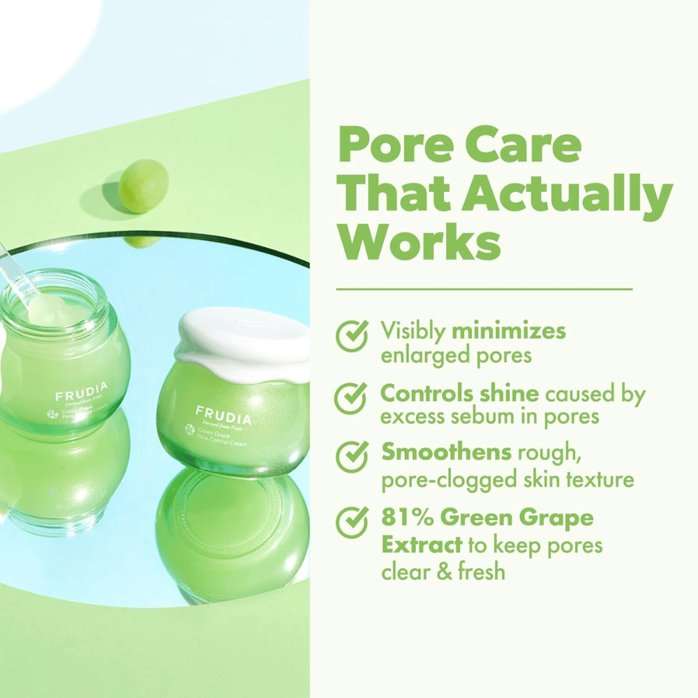 FRUDIA Green Grape Pore Control Cream som synligt minskar porer, kontrollerar glans och jämnar ut hudstruktur med 81 % grön druvextrakt.