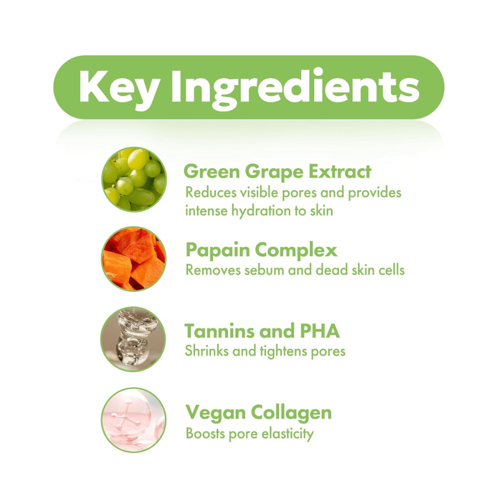 Nyckelingredienser i FRUDIA Green Grape Pore Control Cream med grön druvextrakt, papain, PHA, tanniner och veganskt kollagen för klarare och slätare hud.