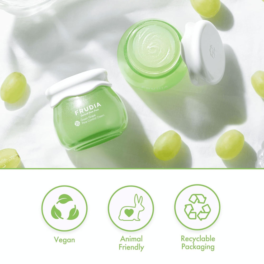FRUDIA Green Grape Pore Control Cream med grön druvextrakt, vegansk ansiktskräm som minimerar porer, balanserar sebum och ger återvinningsbar förpackning.