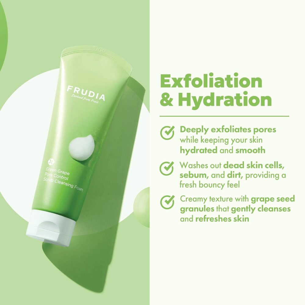 FRUDIA Green Grape Pore Control Scrub Cleansing Foam – exfolierande ansiktsrengöring med druvkärnegranulat som avlägsnar smuts, talg och döda hudceller utan att torka ut huden.