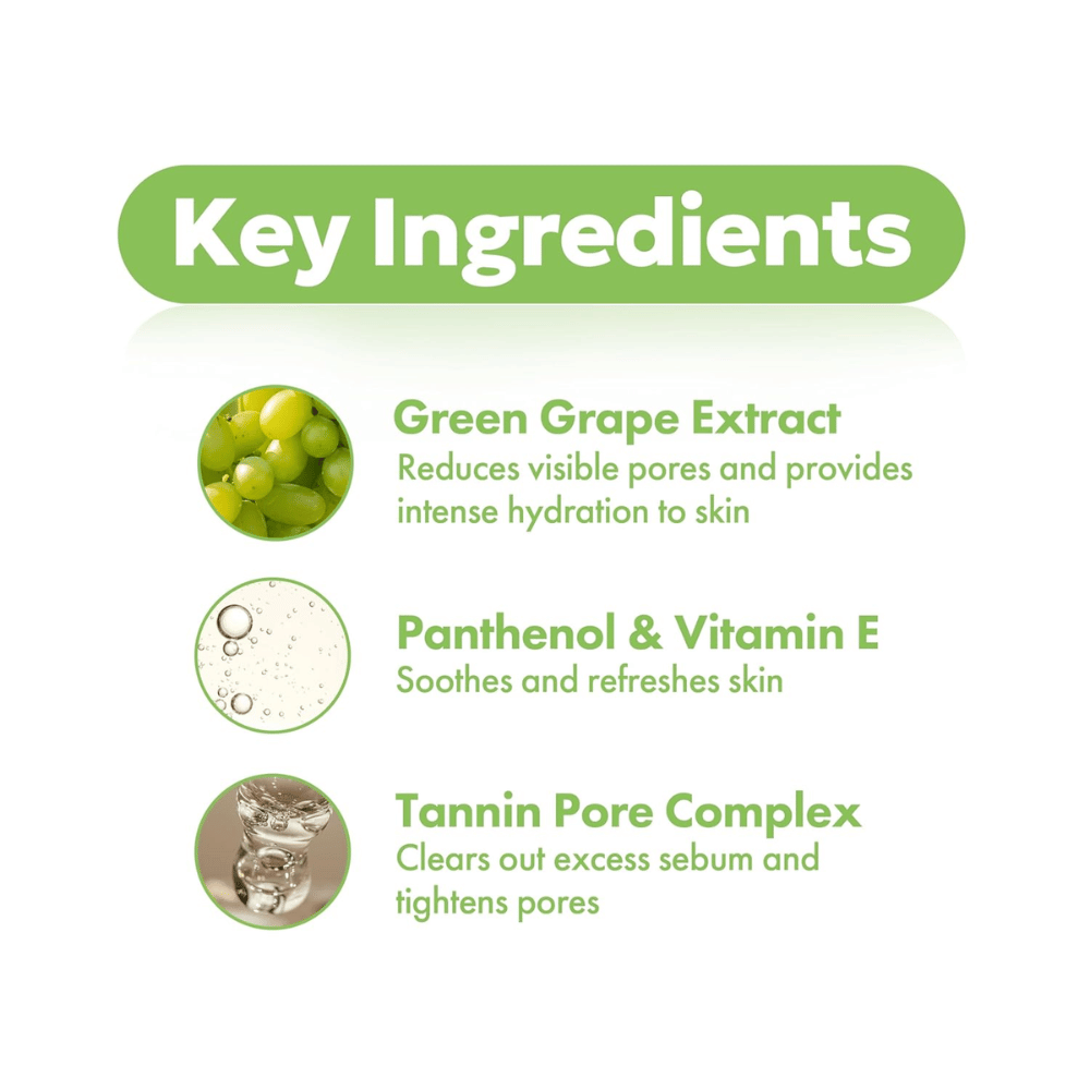 FRUDIA Green Grape Pore Control Scrub Cleansing Foam – nyckelingredienser som grönt druvextrakt, panthenol, vitamin E och tannin pore complex för rengjorda och förfinade porer.