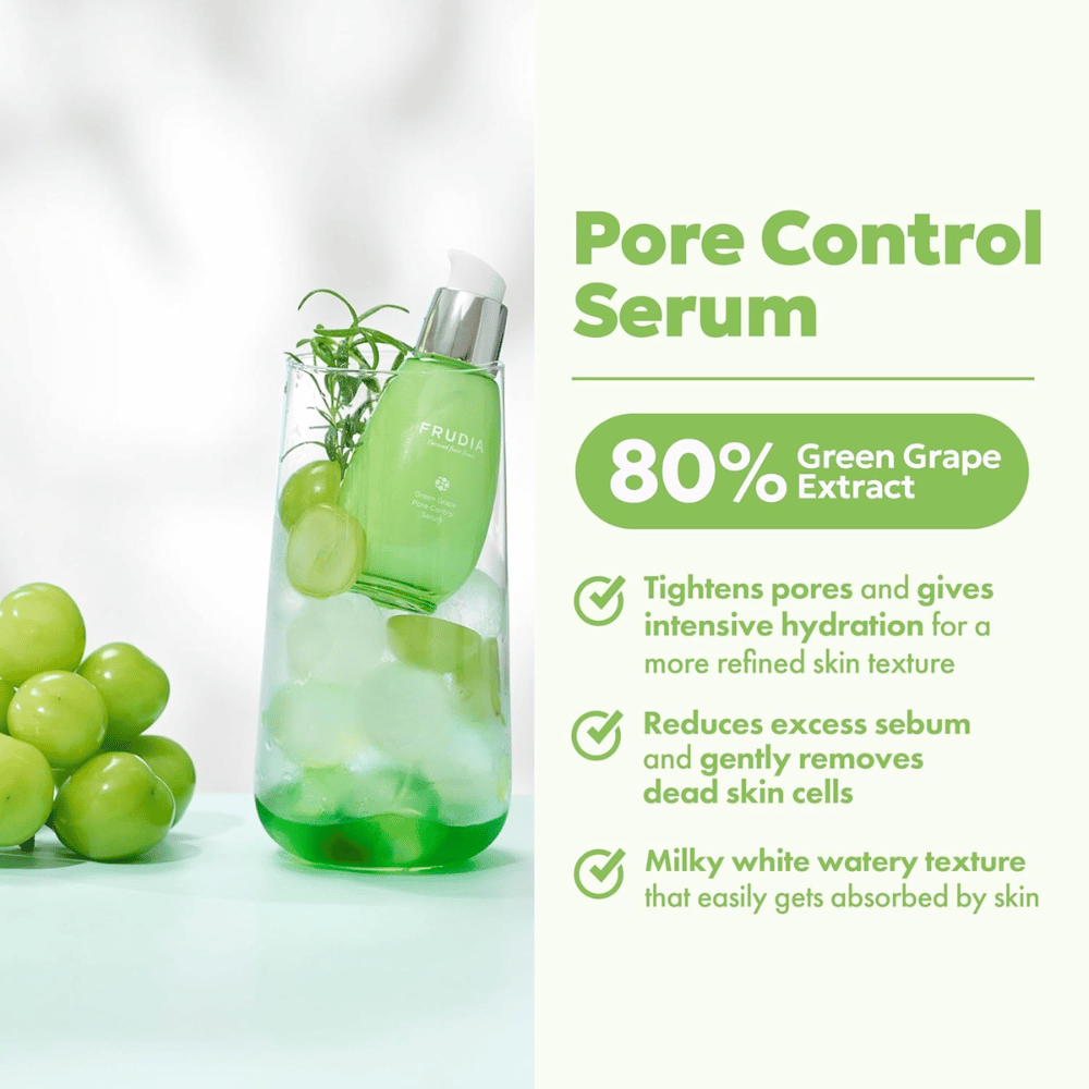 Frudia Green Grape Pore Control Serum som stramar upp porer, minskar överflödigt sebum och absorberas snabbt med lätt, mjölkig textur för fräsch och balanserad hud.