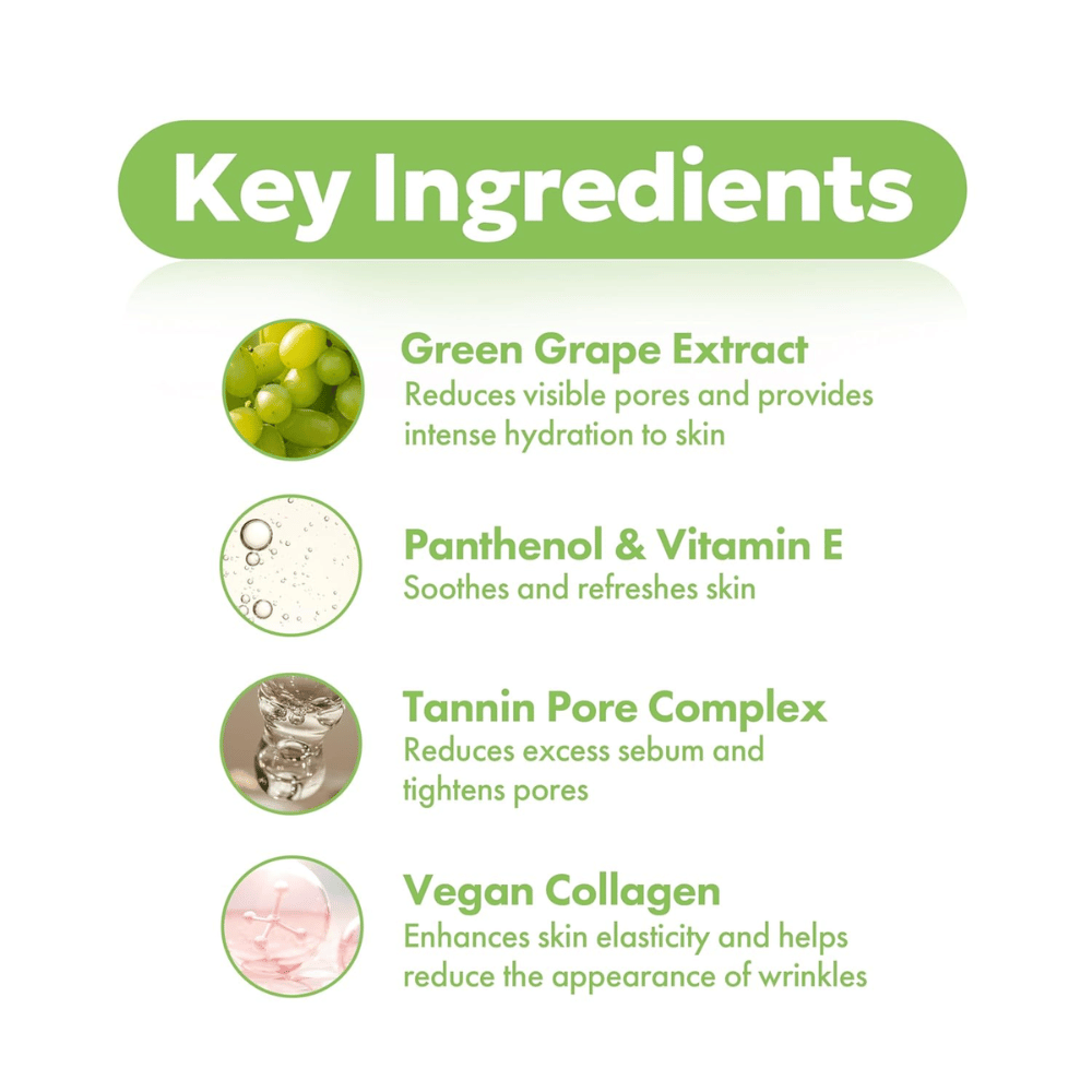 Nyckelingredienser i Frudia Green Grape Pore Control: grönt druvextrakt för porer, panthenol och vitamin E för lugnande effekt, tannin pore complex samt veganskt kollagen.