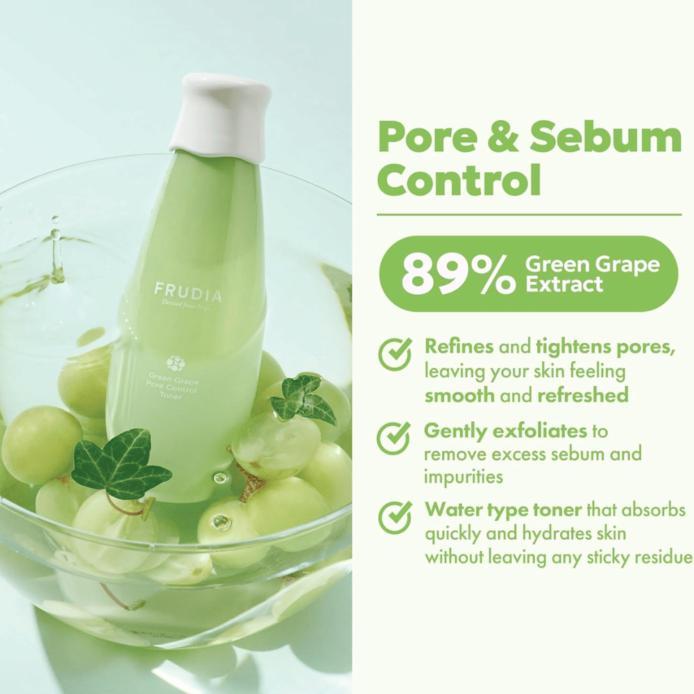 Frudia Green Grape Pore Control Toner med 89 % grönt druvextrakt som förfinar porer, reducerar överflödigt sebum och återfuktar huden med lätt, snabbabsorberande toner utan klibbig känsla.