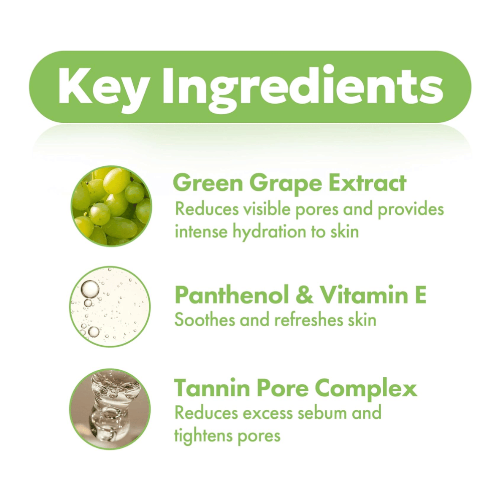Nyckelingredienser i Frudia Green Grape Pore Control med grönt druvextrakt, panthenol, vitamin E och tannin pore complex som återfuktar huden, minskar porer och balanserar talg.