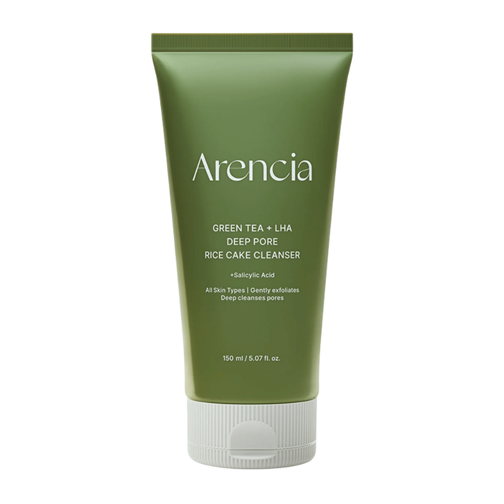 Ren produktbild på Arencia Green Tea + LHA Deep Pore Rice Cake Cleanser i grön tubdesign med fokus på minimalistisk och modern förpackning.