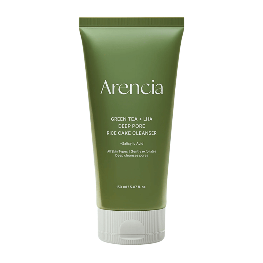Ren produktbild på Arencia Green Tea + LHA Deep Pore Rice Cake Cleanser i grön tubdesign med fokus på minimalistisk och modern förpackning.