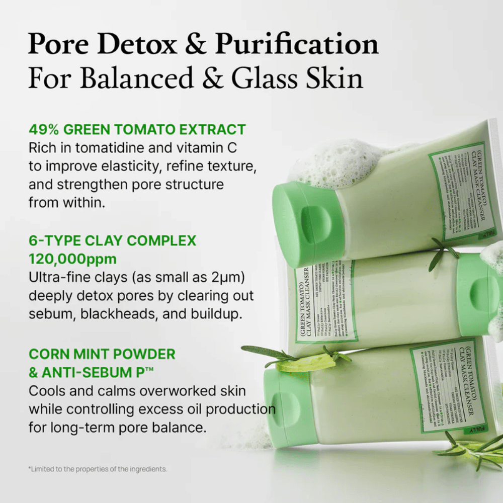 Informationsbild om “Pore Detox & Purification” med ingredienser som grönt tomatextrakt, lera och mint – tillsammans med produktbilder.