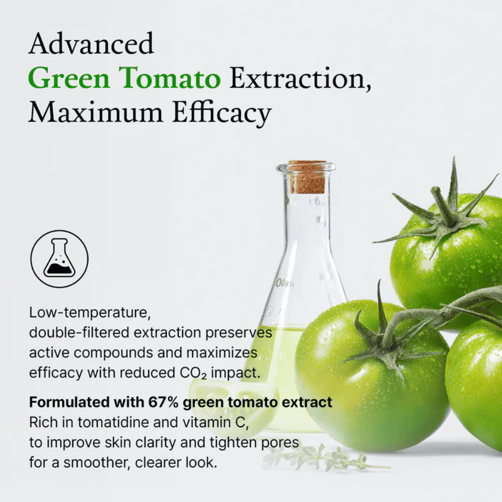 Bild med gröna tomater och laboratorieflaska som lyfter ingrediensen “green tomato extract” och dess effekt på huden.