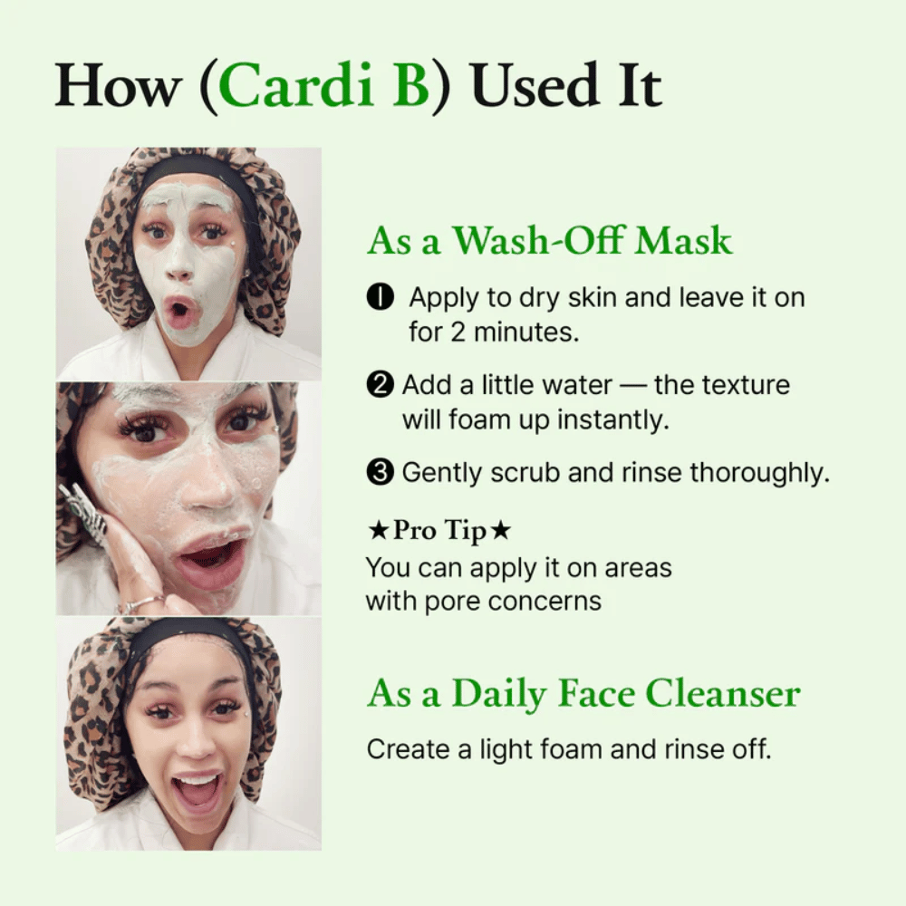 Instruktionsbild som visar hur produkten används, med en person som applicerar ansiktsmask. Steg-för-steg för både mask och daglig rengöring.