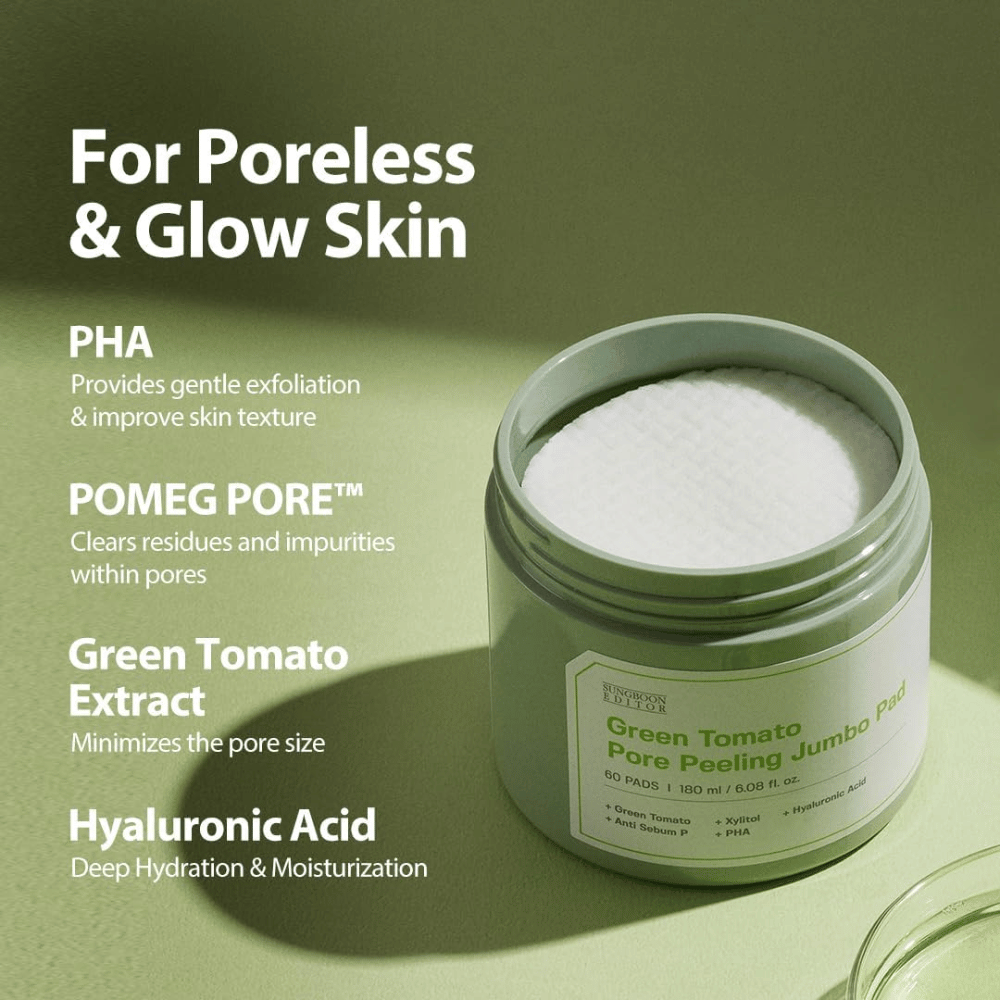 SUNGBOON EDITOR Green Tomato Pore Peeling Jumbo Pad – exfolierande pads med PHA, grönt tomatextrakt och hyaluronsyra