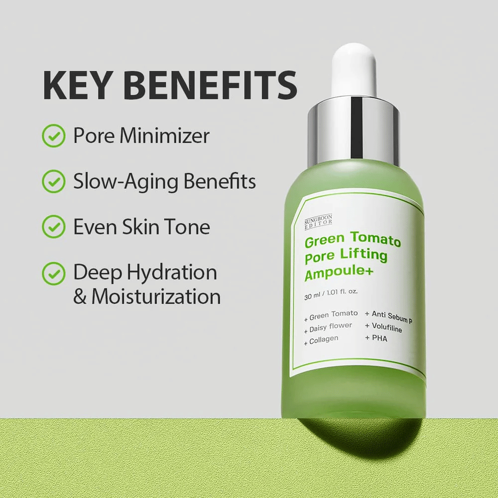 Green Tomato Pore Lifting Ampoule+ med pipettflaska på grön bakgrund, listade nyckelfördelar som porförminskning, anti-age, jämn hudton och återfuktning.