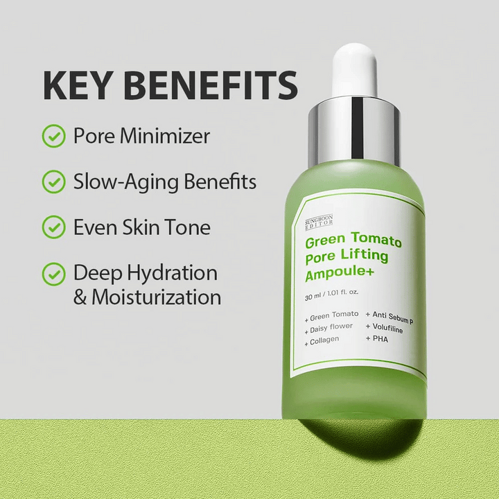 Green Tomato Pore Lifting Ampoule+ med pipettflaska på grön bakgrund, listade nyckelfördelar som porförminskning, anti-age, jämn hudton och återfuktning.