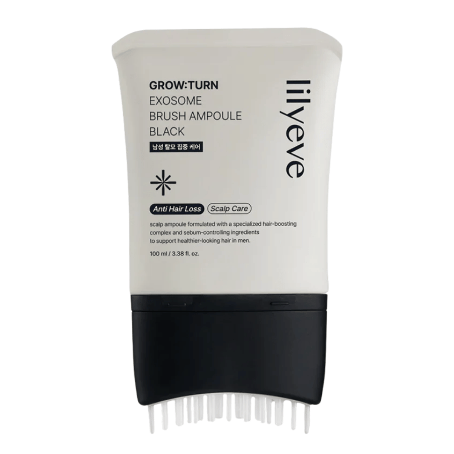 Frilagd produktbild av LILYEVE Grow:Turn Exosome Brush Ampoule Prime mot vit bakgrund. Den integrerade borstapplikatorn gör det enkelt att applicera serumet direkt i hårbotten för daglig hår- och hårbottenvård.