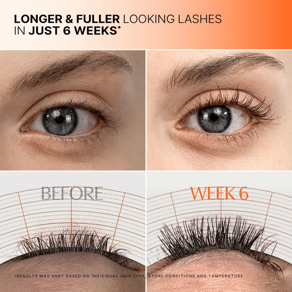 Före- och efterbild av ögonfransar efter 6 veckors användning av LILYEVE Grow Turn Exosome Dual Lash Serum.