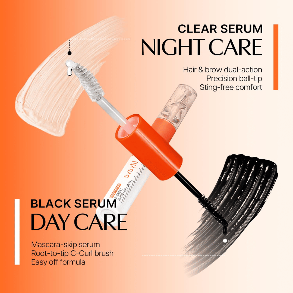 LILYEVE Grow Turn Exosome Dual Lash Serum med transparent nattserum och svart dagserum i en dubbelsidig förpackning.