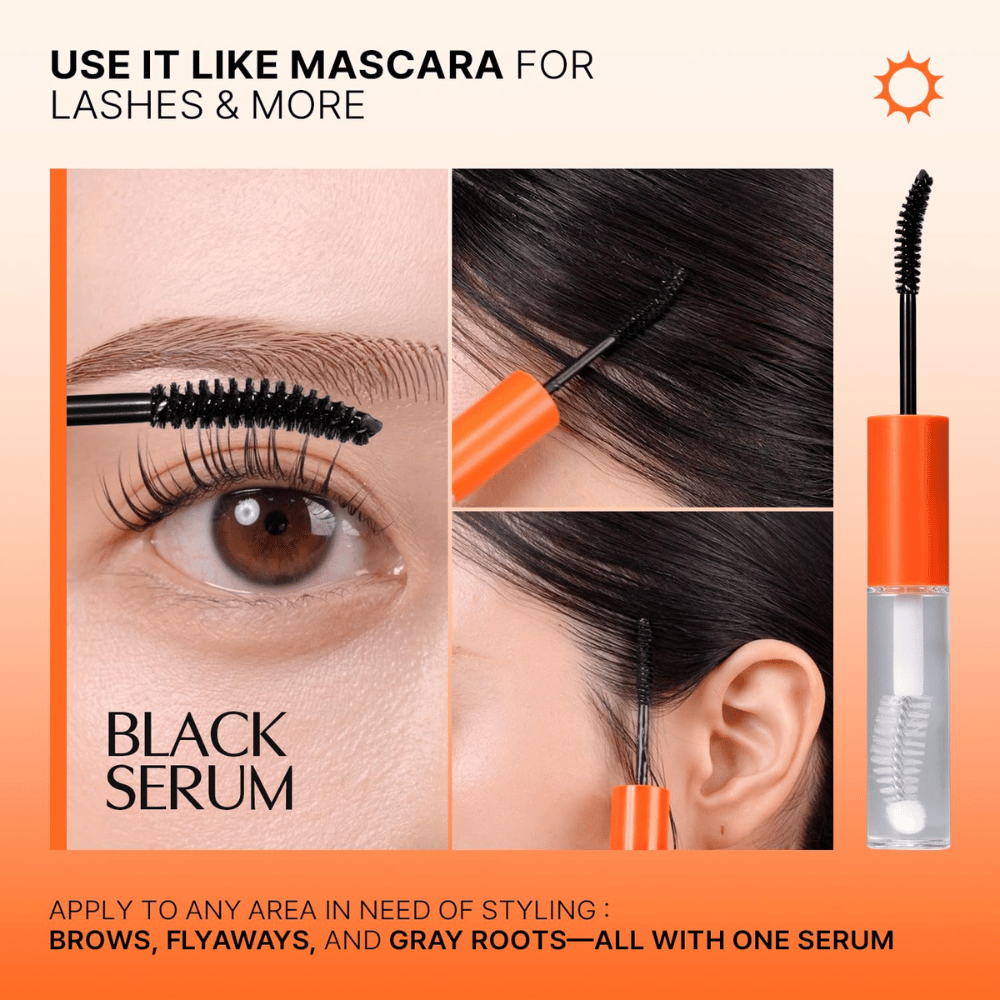LILYEVE Grow Turn Exosome Dual Lash Serum – svart serum för dagtid som appliceras på ögonfransar, ögonbryn och hårfäste.