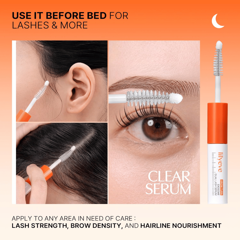 LILYEVE Grow Turn Exosome Dual Lash Serum – transparent serum för kvällsvård av ögonfransar, ögonbryn och hårfäste.