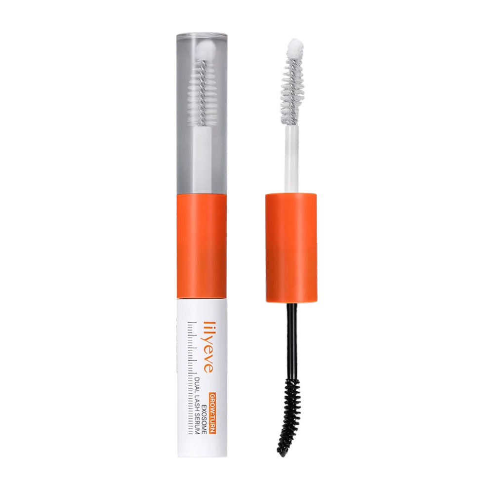 LILYEVE Grow Turn Exosome Dual Lash Serum – dubbelsidigt ögonfransserum med transparent och svart serum samt två applikatorer.