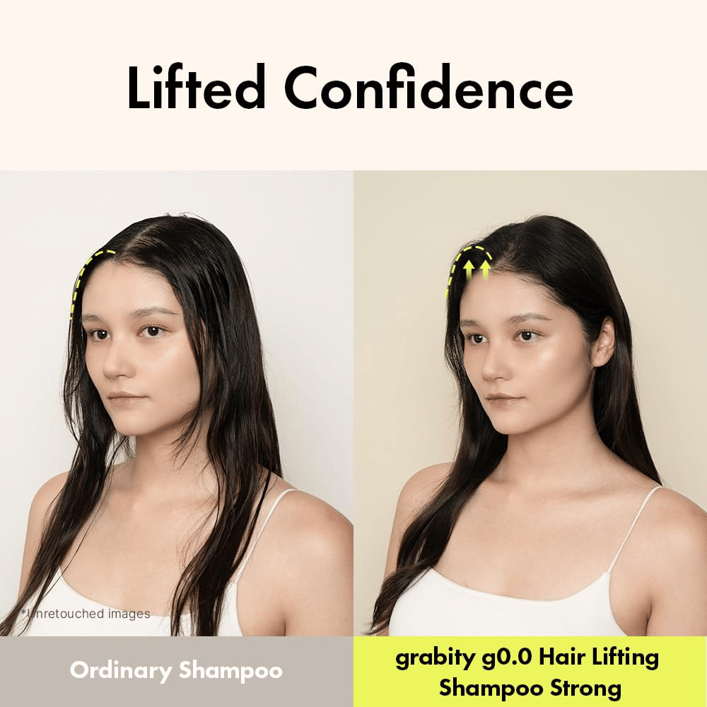 Före- och efterbild som visar ökad volym och lyft vid hårfästet efter användning av Grabity g0.0 Hair Lifting Shampoo Strong för tunt och platt hår.