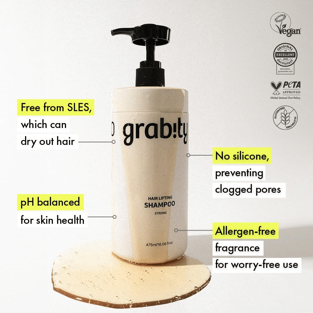 Grabity g0.0 Hair Lifting Shampoo Strong med information om SLES-fri formula, silikonfri sammansättning, allergenfri doft och certifieringar för vegansk och skonsam hårvård.