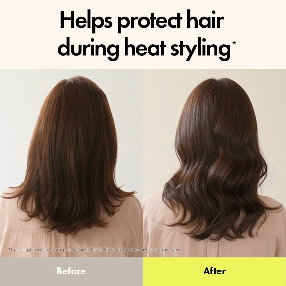 Före- och efterbild som visar effekten av Grabity Hair Lifting Shot. Håret ser fylligare, mer definierat och bättre skyddat ut vid värmestyling efter användning.
