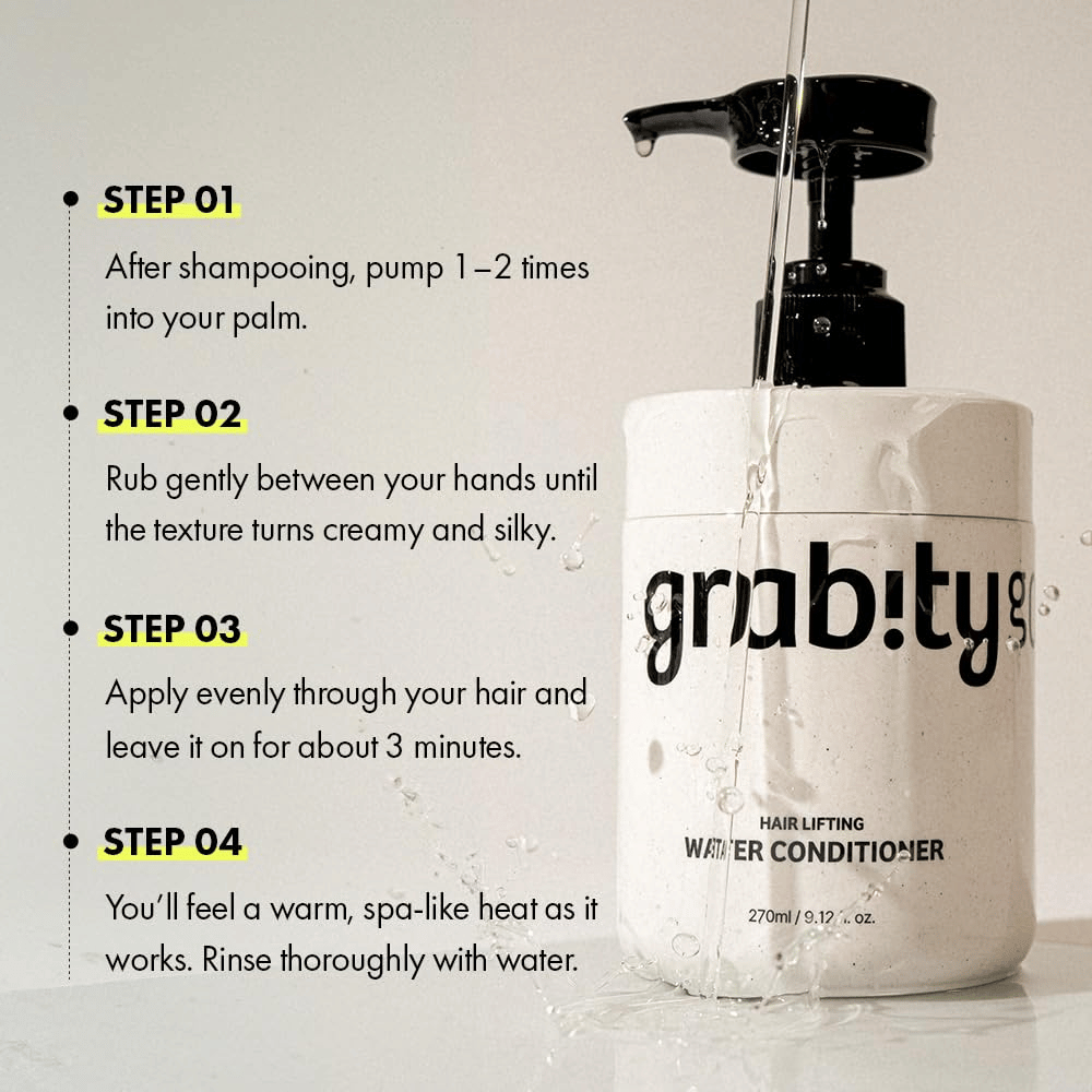 Instruktionsbild för Grabity Hair Lifting Water Conditioner som visar hur produkten används efter schamponering för att ge vård, glans och ett fylligare hårintryck.