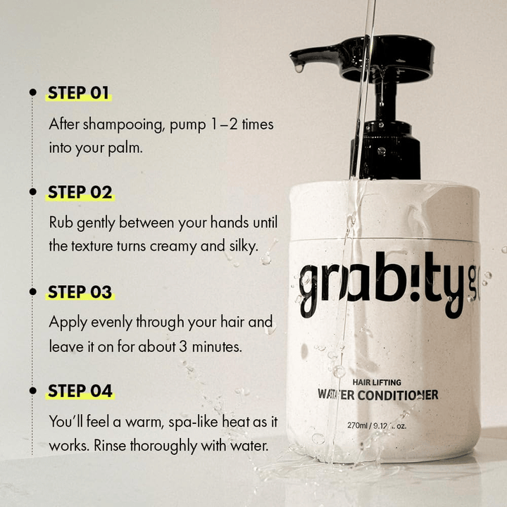 Instruktionsbild för Grabity Hair Lifting Water Conditioner som visar hur produkten används efter schamponering för att ge vård, glans och ett fylligare hårintryck.
