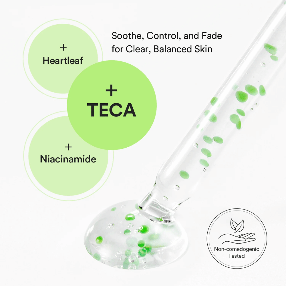 Produktillustration som visar kombinationen av Heartleaf, TECA och niacinamid för att balansera huden, kontrollera olja och minska synliga hudproblem.