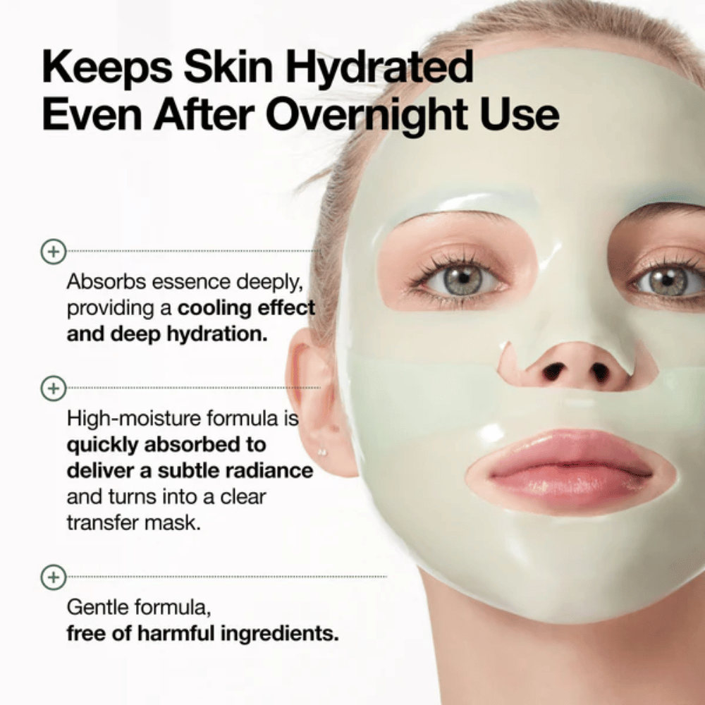 Närbild på en modell som använder hydrogelmasken. Texten framhäver att masken hjälper huden att behålla fukt även efter användning över natten. Bilden lyfter fram en kylande känsla, djup återfuktning, ökad lyster och en skonsam formulering utan onödigt irriterande ingredienser.