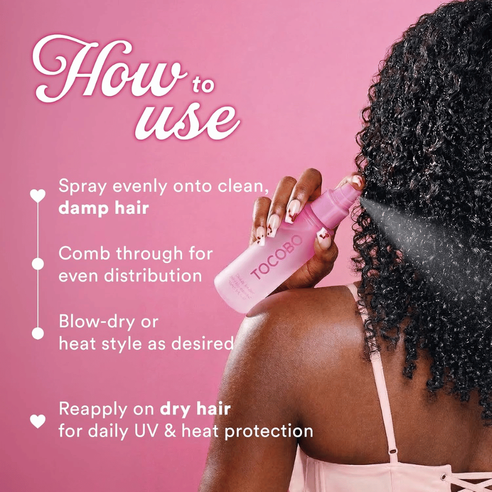 TOCOBO Heat Proof Hair Mist #01 Lowkey Famous – applicering i fuktigt hår före föning och värmestyling