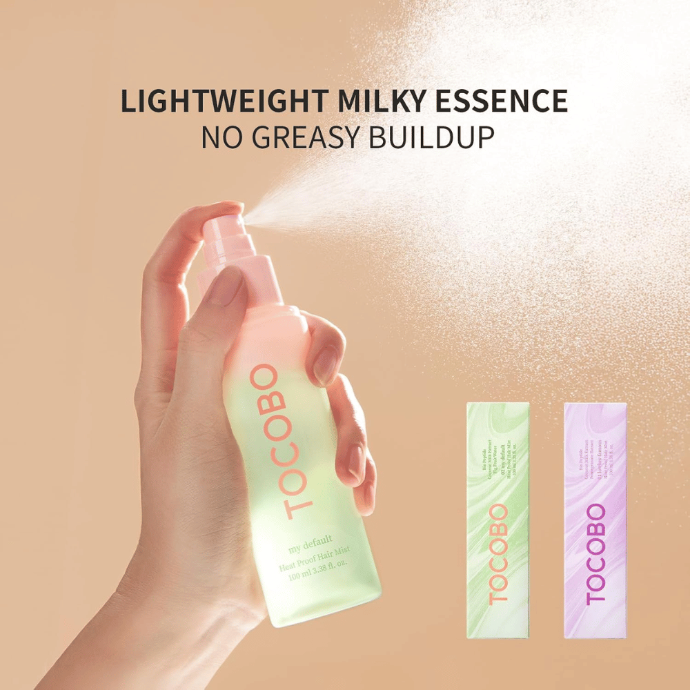 2. TOCOBO Heat Proof Hair Mist #02 My Default – lätt mjölkig hårmist som sprayas jämnt utan att göra håret fett eller tungt