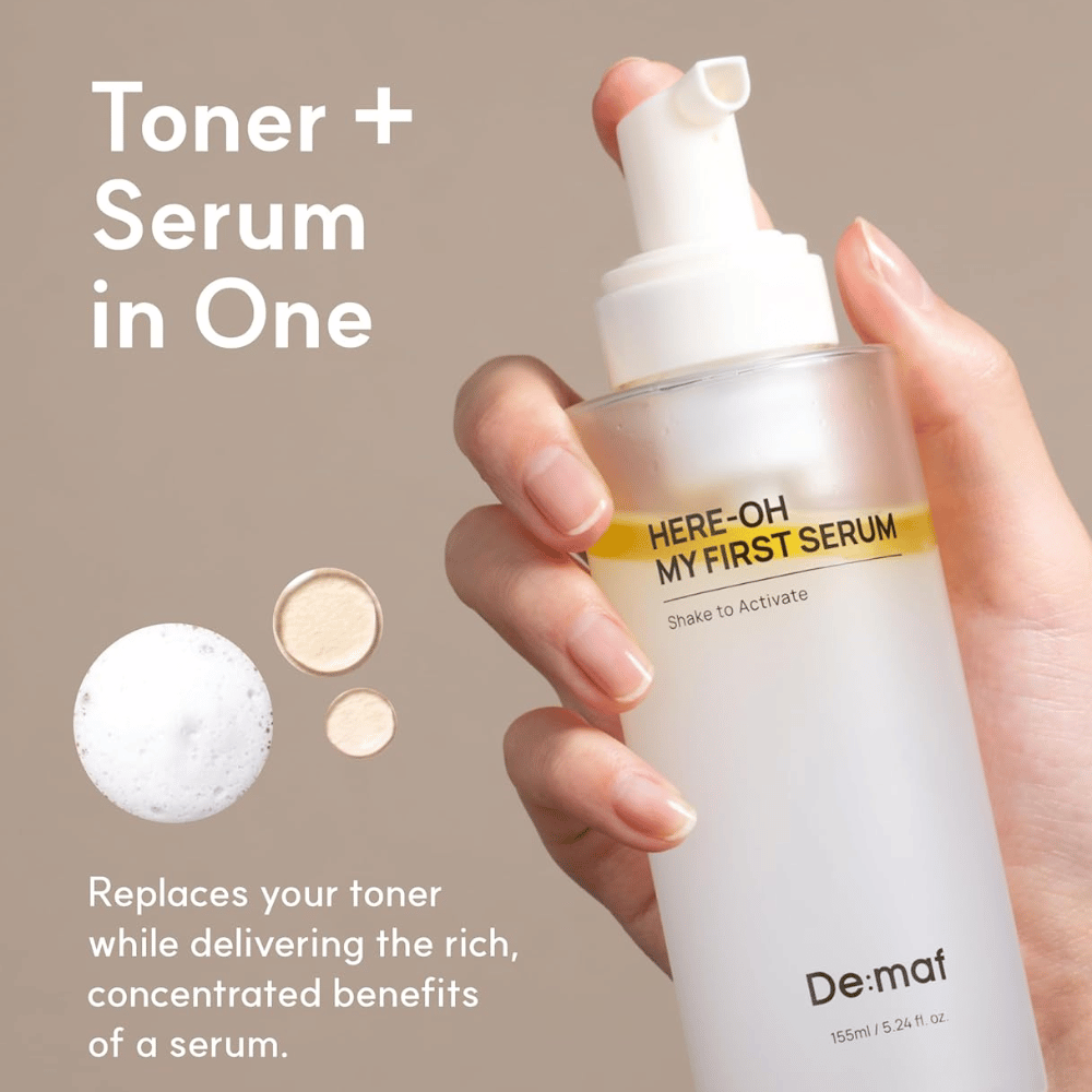 Visar hur produkten kombinerar toner och serum i ett steg för enkel och effektiv hudvård.