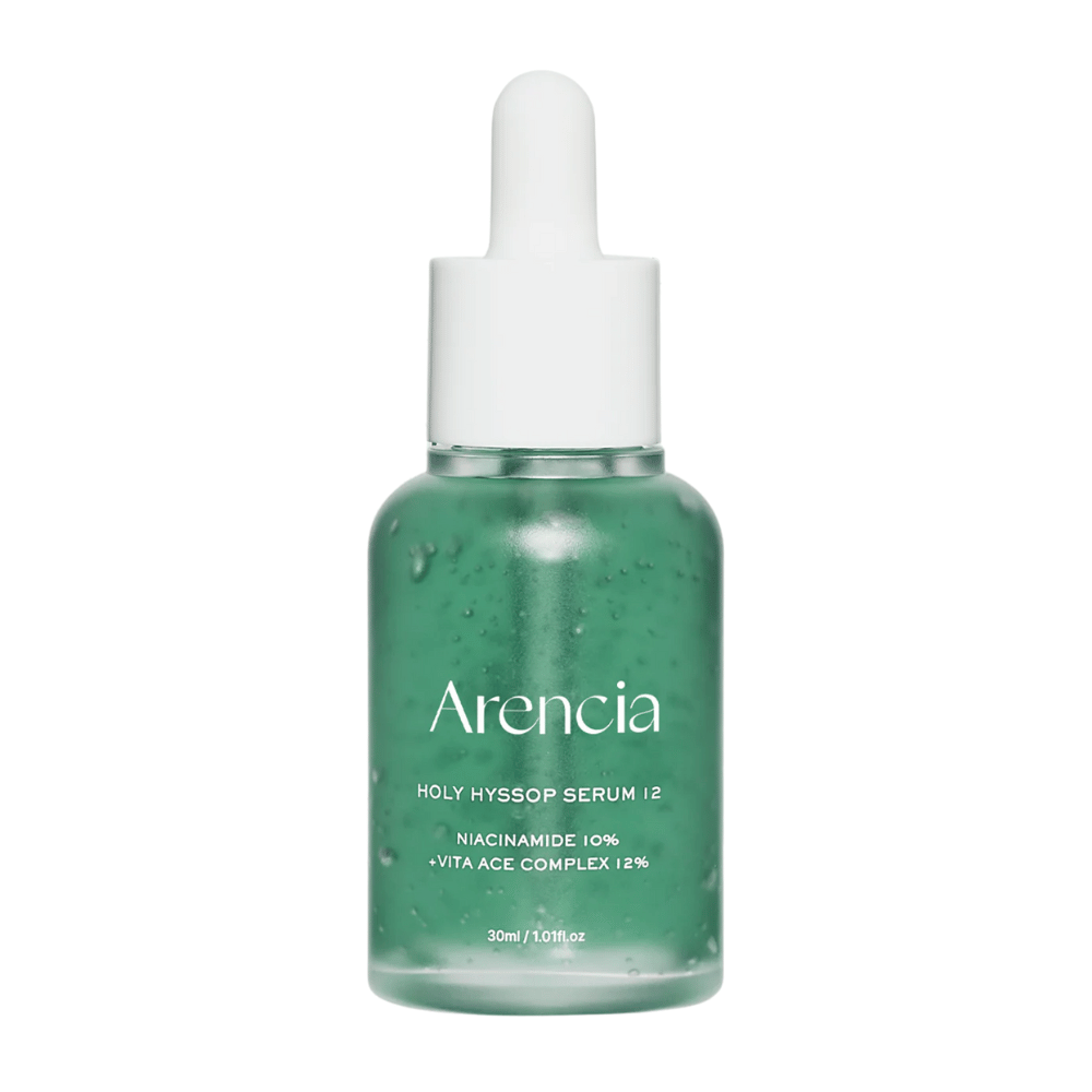 Arencia Holy Hyssop Serum 12 i grön glasflaska med pipett, ansiktsserum med niacinamid 10 % och vitamin ACE-komplex 12 %.