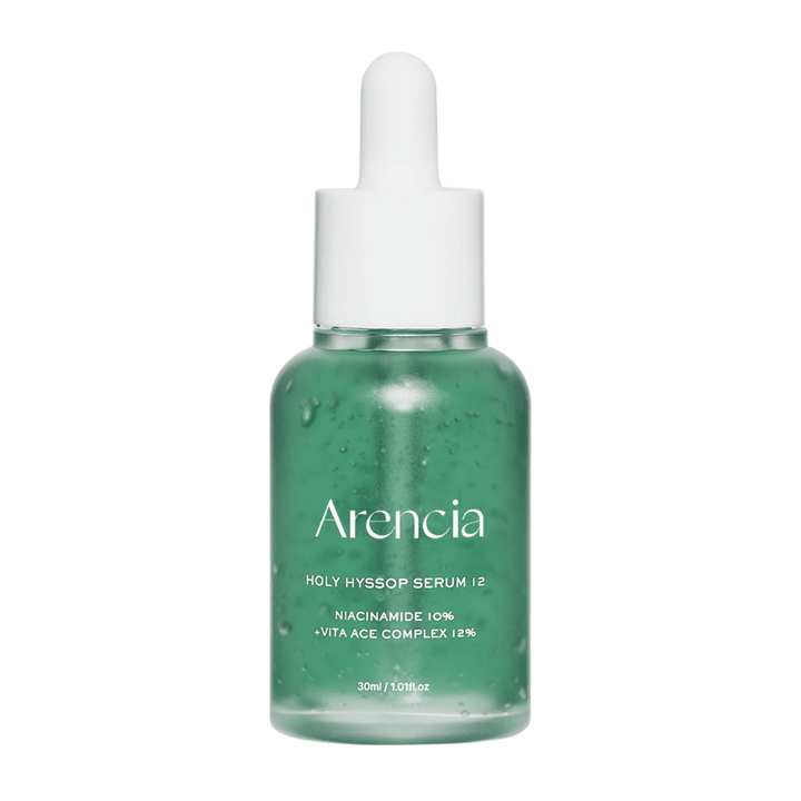 Arencia Holy Hyssop Serum 12 i grön glasflaska med pipett, ansiktsserum med niacinamid 10 % och vitamin ACE-komplex 12 %.