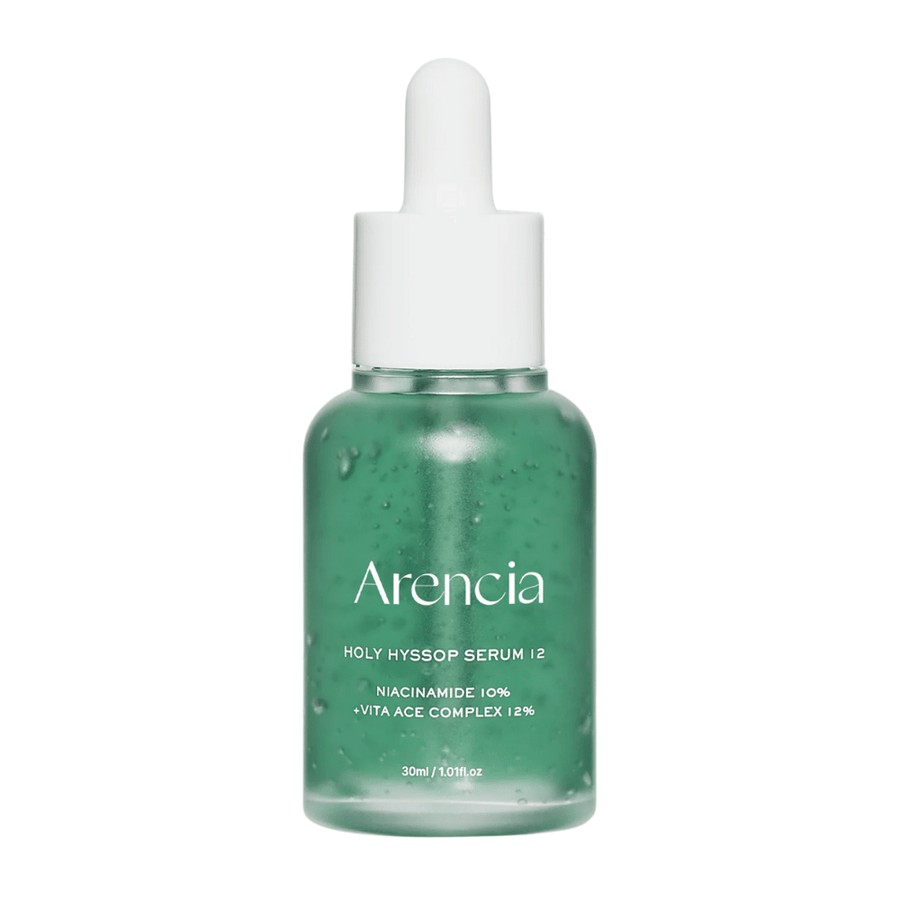 Arencia Holy Hyssop Serum 12 i grön glasflaska med pipett, ansiktsserum med niacinamid 10 % och vitamin ACE-komplex 12 %.